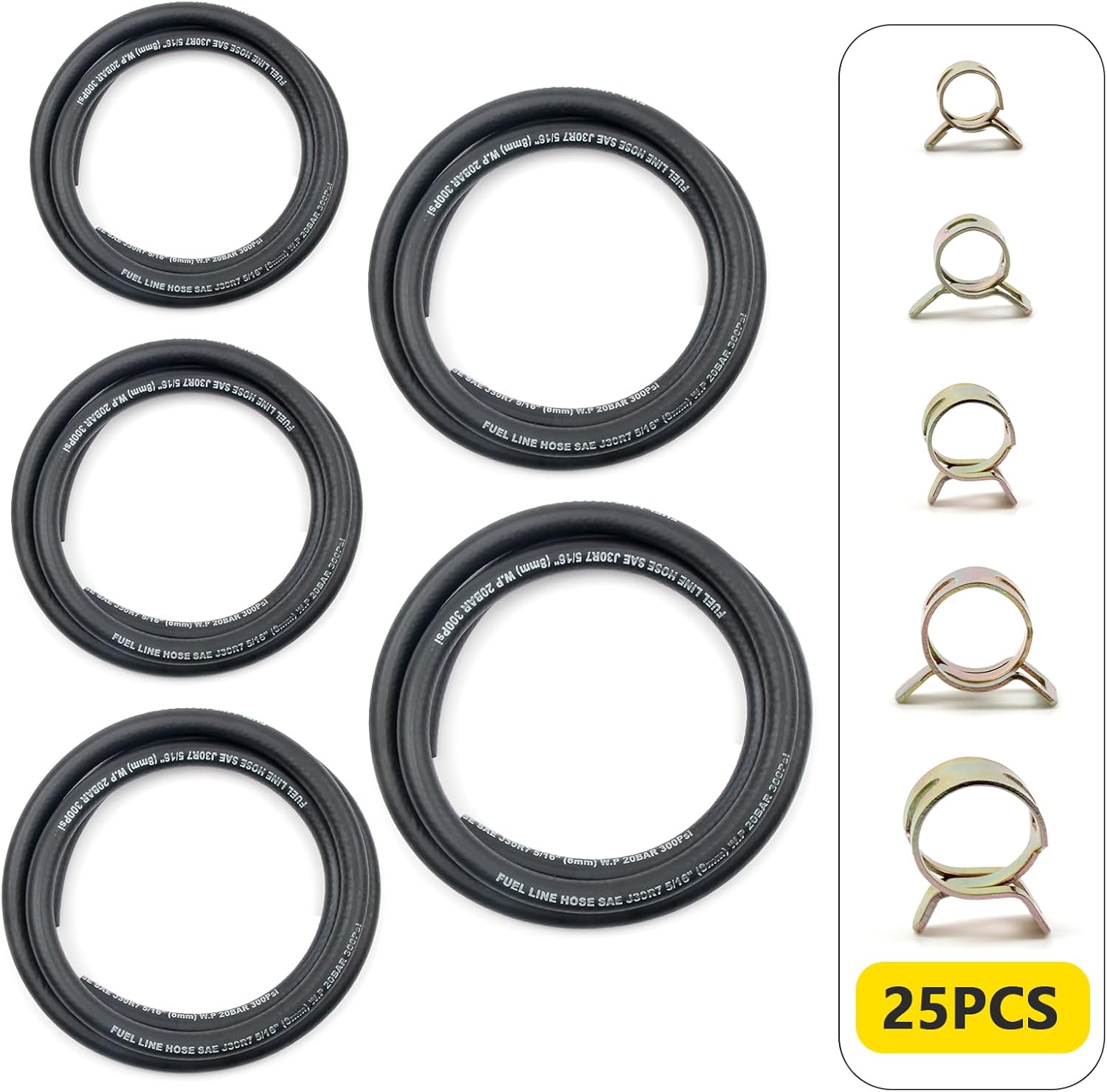 Shineyoo Fuel Line Hose Kit 5FT 5PCS With 25Pcs Clamps, 3/8" 5/16" 1/4" 1/2" 3/16" ID High Performance 300PSI, Push Lock Reinforced Rubber NBR Automotive Fuel Line For Small Engines