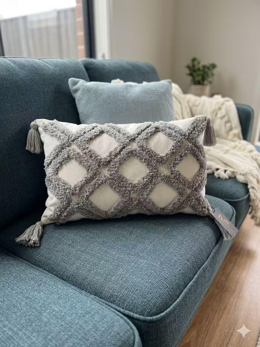 WPHOME Boho Tufted Lumbar Throw Pillow With Inserts Included,Grey and Ivory, Diamond Lattice Pattern with Tassels. (white jigsaw)