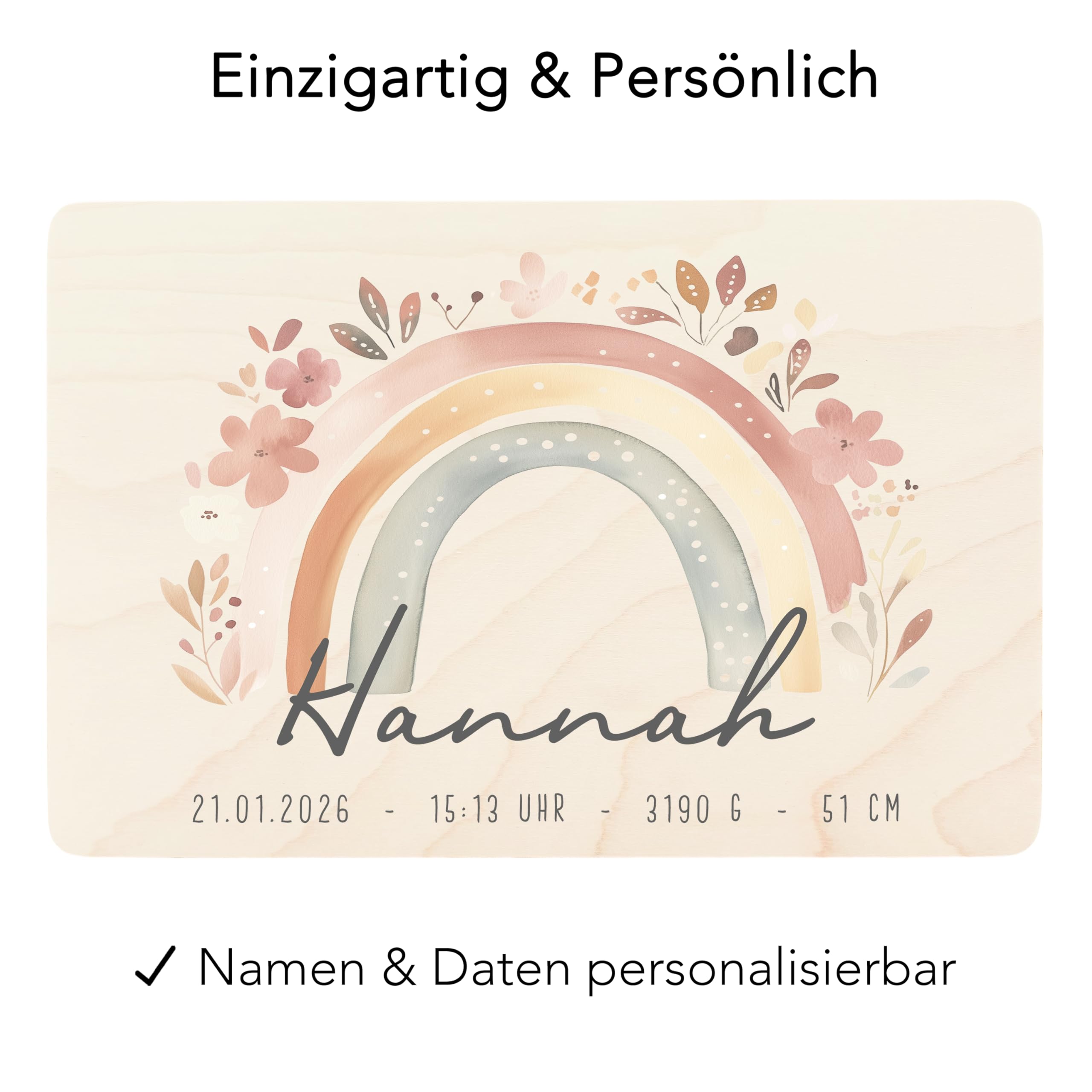 DEL MÀ Unique & Personal Erinnerungskiste Baby Mädchen personalisierte Holzkiste Erinnerungsbox Regenbogen Geschenk zur Geburt Geburtsgeschenk Holzbox 30x20x13 cm