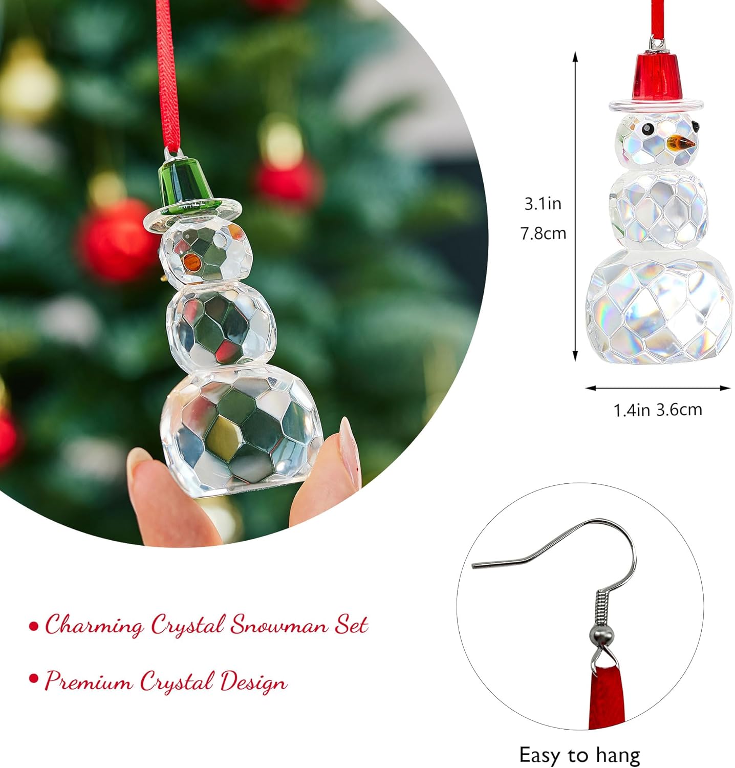 Set of 3 Crystal Snowman Ornaments for Christmas Tree 2025, 3.1" Glass Christmas Snowman Tree Ornament Decoration, Perfect for Festive Home Decor, Xmas Gifts - Image 3