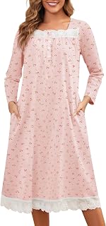 100% Cotton Nightgowns for Women Button Down Long Sleeve House Dress Lace Nightdress with Pockets