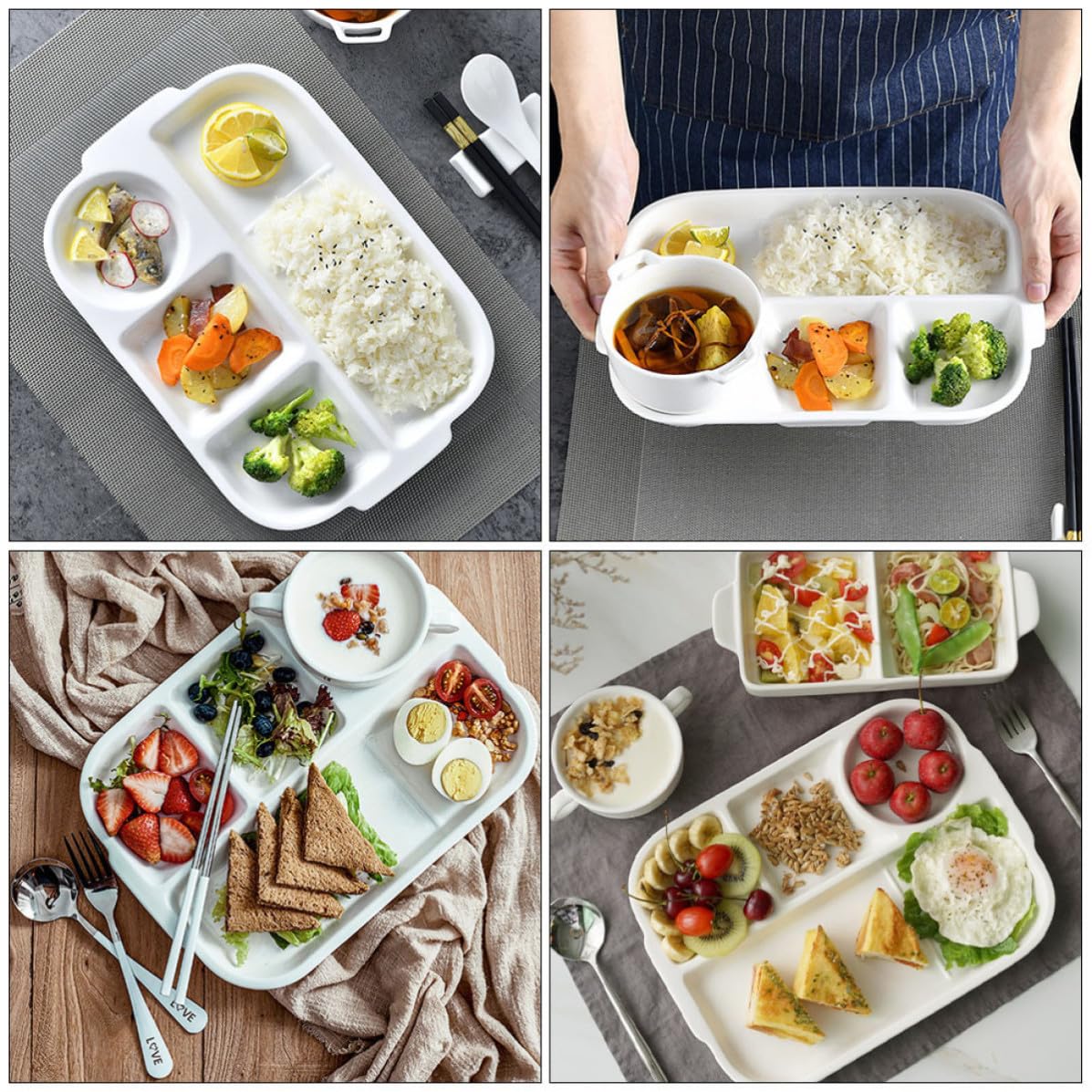 Assiette à Dîner en Céramique Blanche Compartiments Multiples, Empilable et Contrôle des Portions, pour Repas Occidentaux et Service de Raviolis Réutilisable