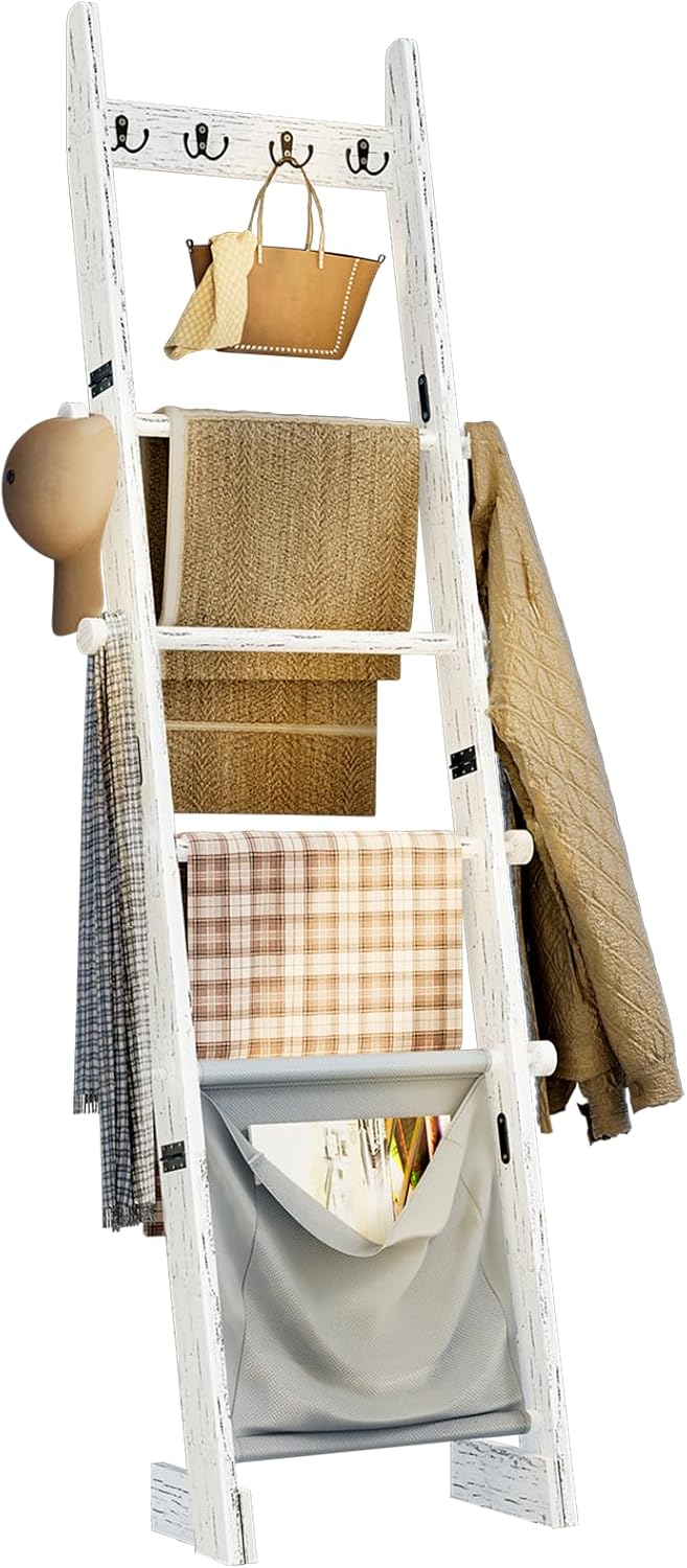 5-Tier Blanket Ladder Shelf, 5.3FT (63'') Wall Leaning Blanket Ladders for Living Room Bedroom, Decorative Quilt Rack with 4 Metal Hooks, Rustic Farmhouse Decorative Ladder for Blankets, White