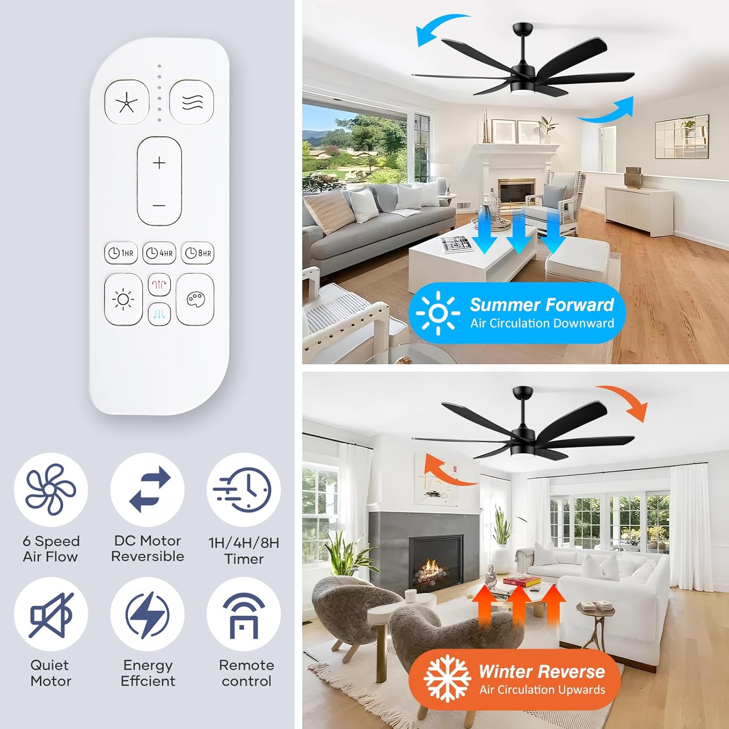 64 Inch Large Black Ceiling Fan with Lights, Outdoor Ceiling fans with Light, High CFM 6-Blades Quiet Reversible DC Motor Ceiling Fan for Living Room Patios Farmhouse Damp Rated