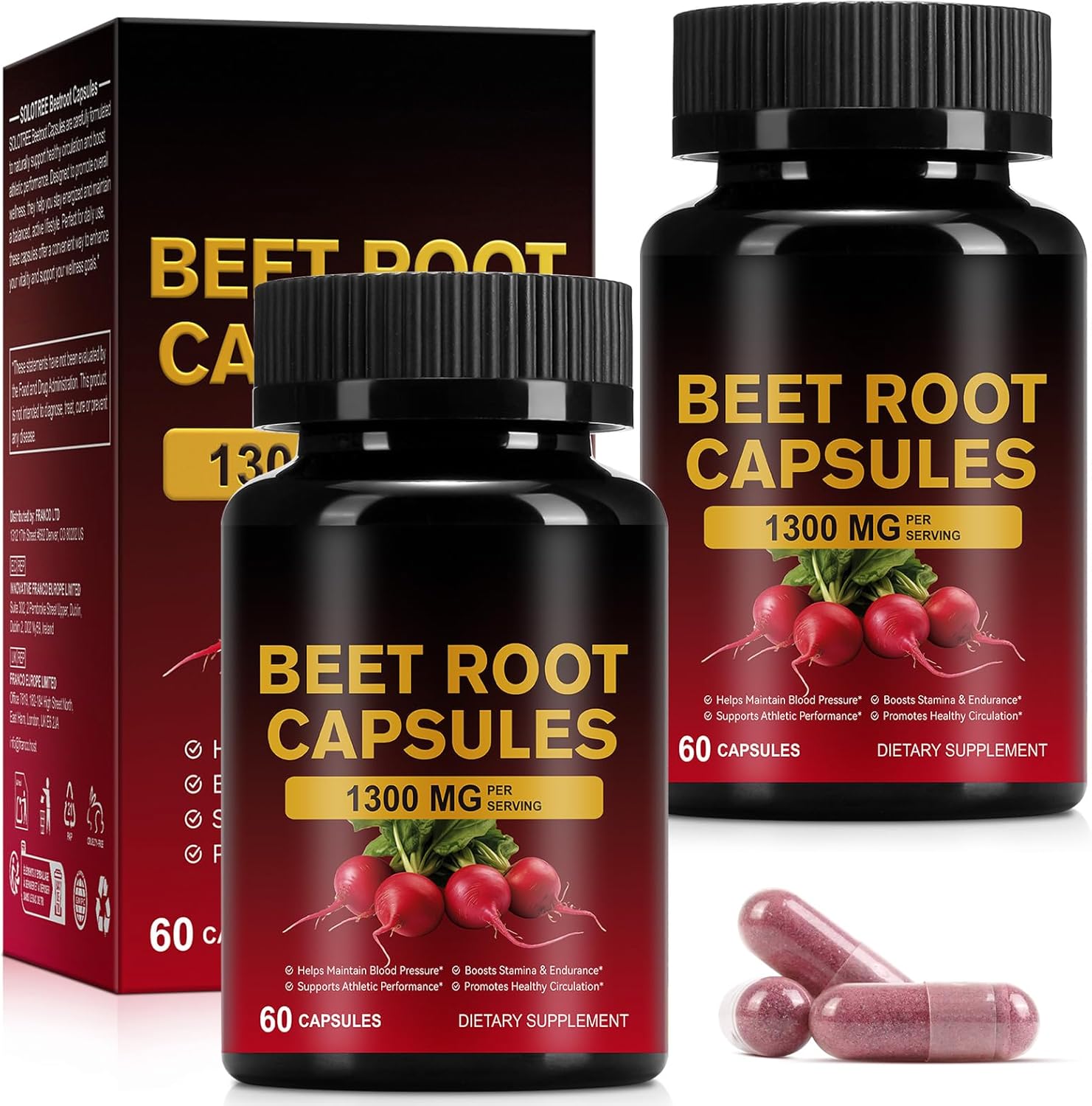 Beetroot Capsules 1300mg, Beetroot Powder for Endurance Support & Energy, Vegan Beet Root Supplement (120 Capsules, 60-Day Supply)