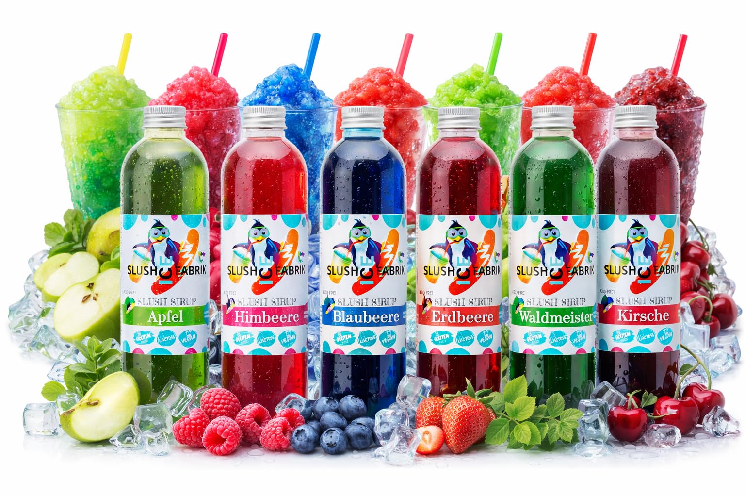Sirup Partyset 6 x 250ml für bis zu 9 L Slush, AZO und Glycerin Frei | Slushy selber machen | für jede Slushmaschine Konzentrat 1:5, Geschmack Apfel, Himbeere, Blaubeere, Erdbeere, Kirsche, Blaubeere