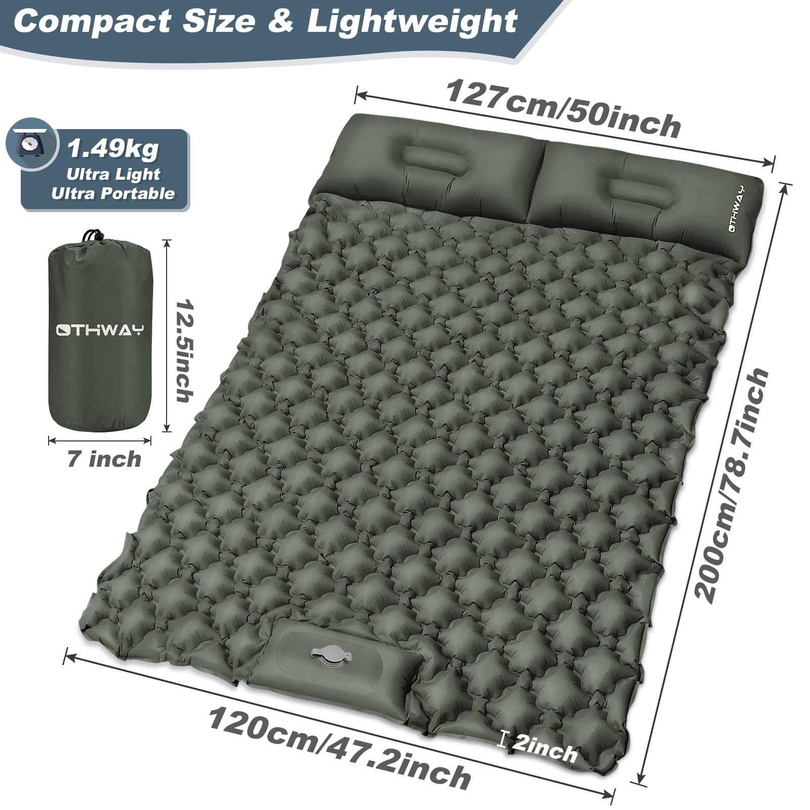 Asoway Matelas De Camping Autogonflant 2 Personnes Avec Pompe à Pied Et Oreillers - Ultraléger Pour Randonnée, Trekking, Voyage Et Plage