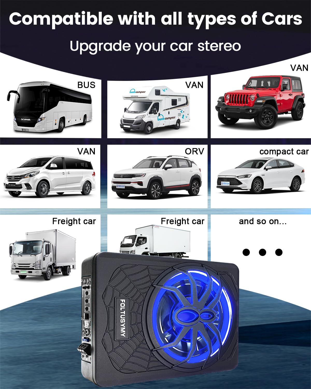 1200W 10" Slim Under Seat Powered Car Subwoofer, High/Low Level Input, Car/Truck Audio Sub Built-in Amplifier amp Combo Package, with Blue LED Light