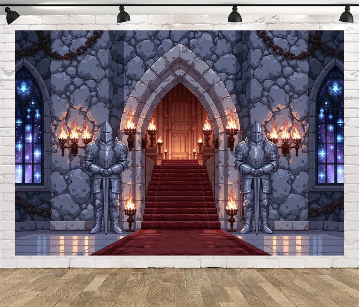 BELECO 4.6x2.5m Sfondo in tessuto Castello Medievale | Statue Cavalieri Arco In Pietra Torce Tappeto Rosso Finestra In Vetro Gotica Sfondo Fantastico Telo Di Sfondo