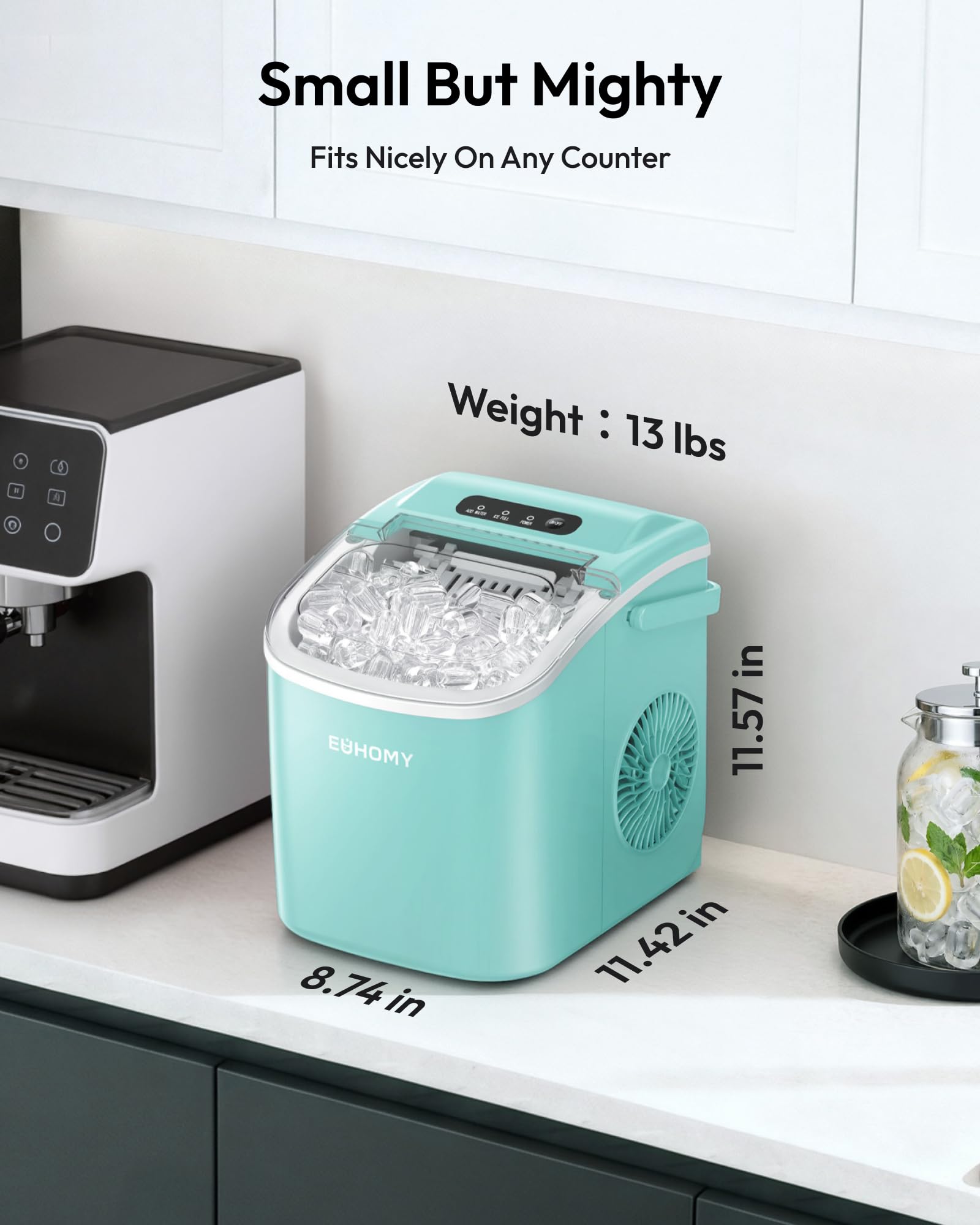 EUHOMY Countertop Ice Maker Machine with Handle, 26lbs Per Day, 9 Ice Cubes Ready in 6 Mins, Auto-Cleaning Portable Ice Maker with Basket and Scoop, for Home/Kitchen/Camping/RV (Green) view 7