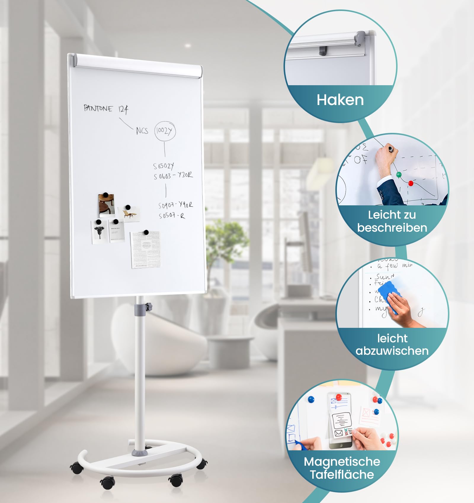 MAKELLO Flipchart Ständer 100x65cm Whiteboard mit Rollen, Höhenverstellbar | Rundfuß mit 5 Feststellbaren, Magnethaftend, Trocken Abwischbar, Inkl.20 Blatt Flipchartblock, Whiteboard Magnetisch für Büro