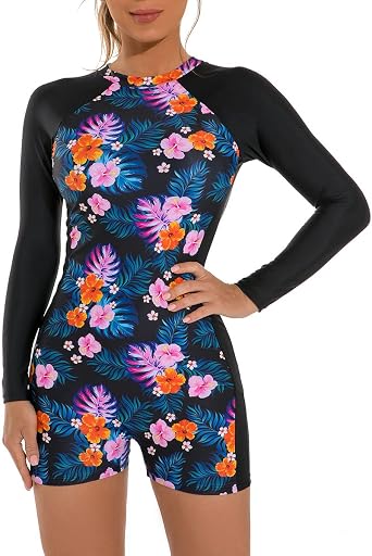 ABOCIW Womens Boyleg One Piece Rashguard Long Sleeve Swimsuit Floral Print Surfing Bathing Suit UPF 50+ Athletic Swimwear
