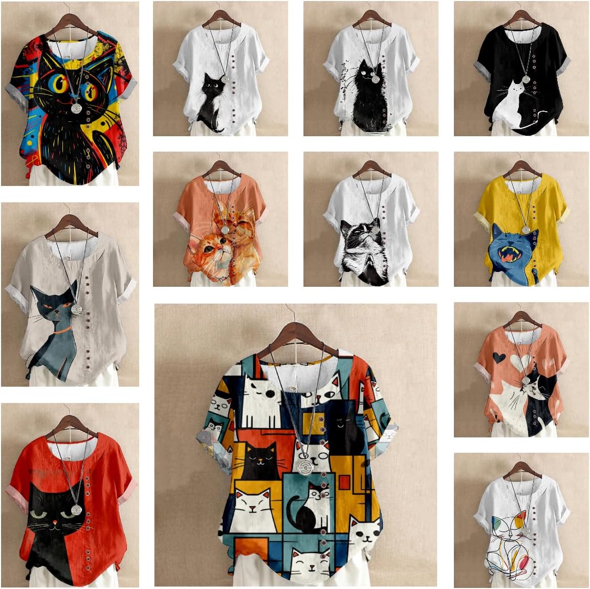 Cotton Linen Tops for Women Cute Cat Print Short Sleeve Crew Neck Summer Casual Boho Dressy Linen Blouses - Image 4