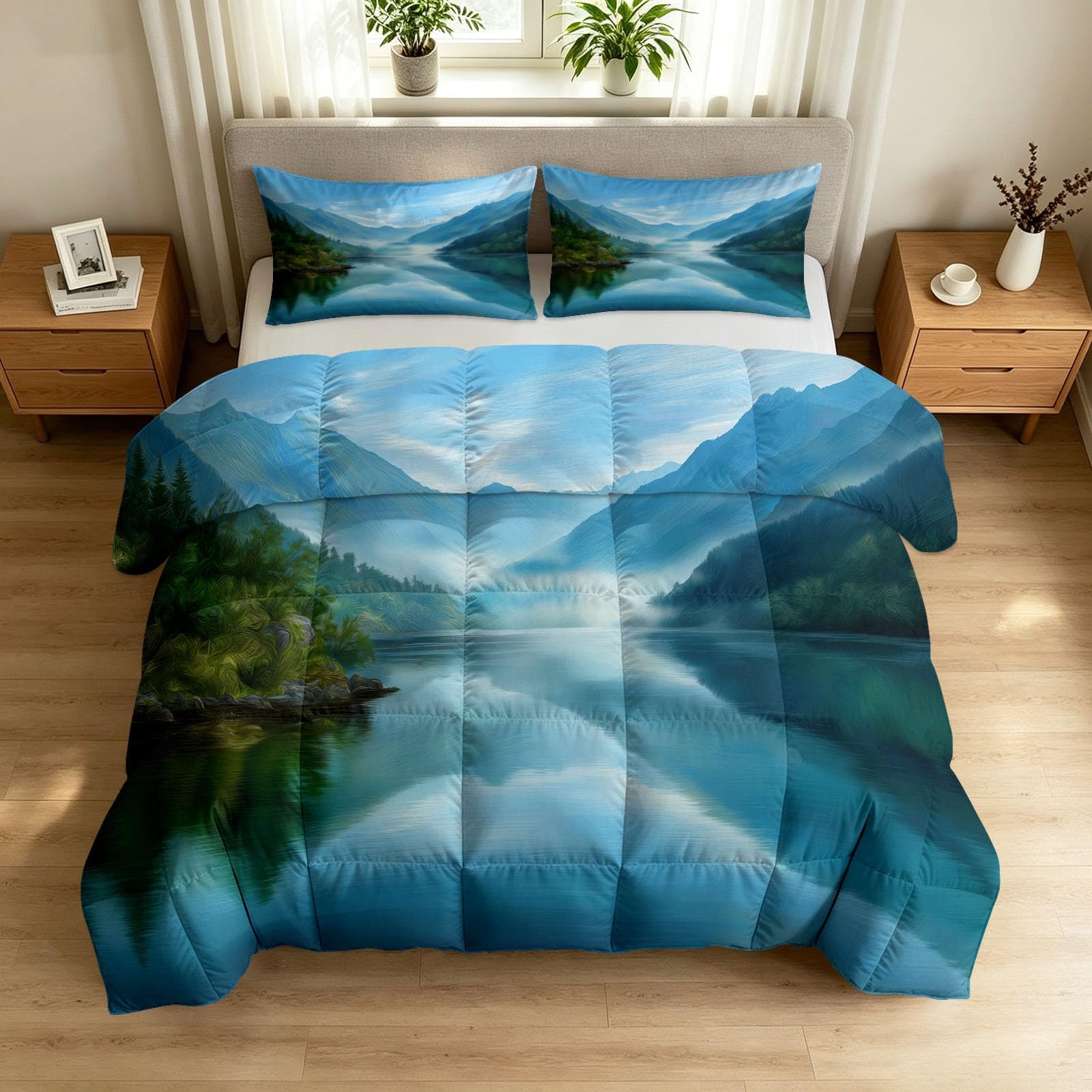Generisch Piumino senza rivestimento, 155 x 220 cm, blu, fotografia di paesaggi naturali, trapunta leggera per tutto l'anno, lavabile, con 2 federe, montagne, laghi, morbido e traspirante, reversibile