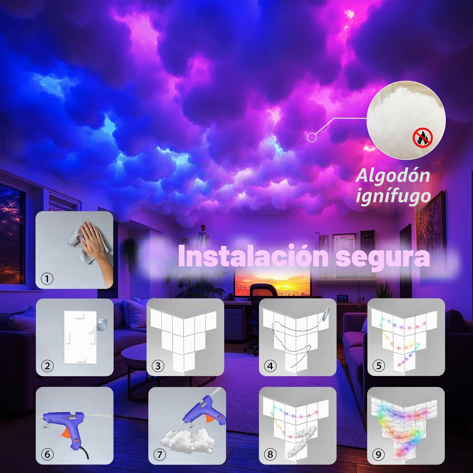 Nubes LED de Algodón, Luz de Nube RGB + IC, Sincronización de Música, 3D, con Aplicación y Mando a Distancia para Decoración de Techo (5 m)