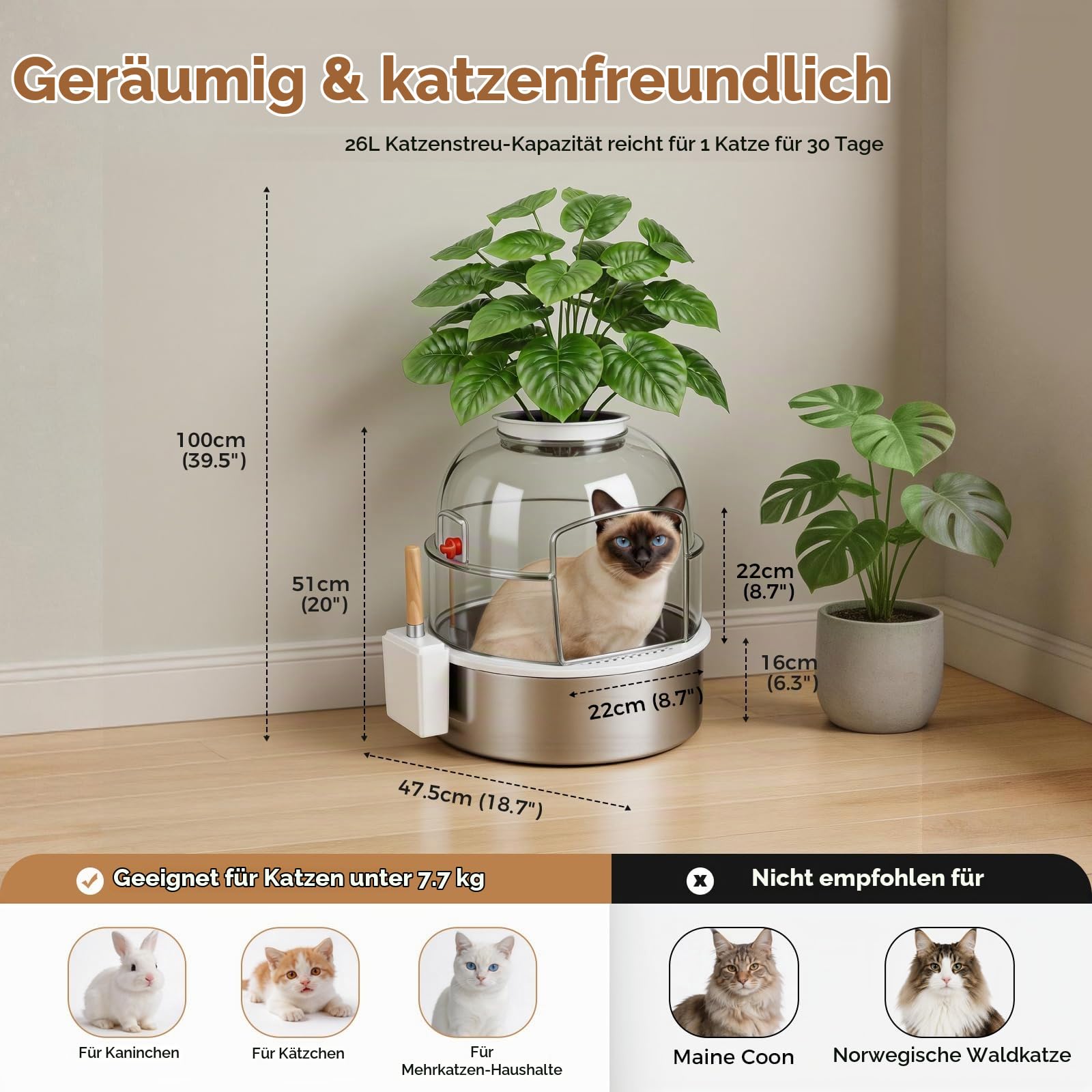 Katzenklo Edelstahl mit Pflanze & Schaufel, Versteckte Katzentoilette XXL Katzenklo Blumentopf mit Kohlefilter, Geruchsresistent & Leicht zu Reinigen, Cremeweiß