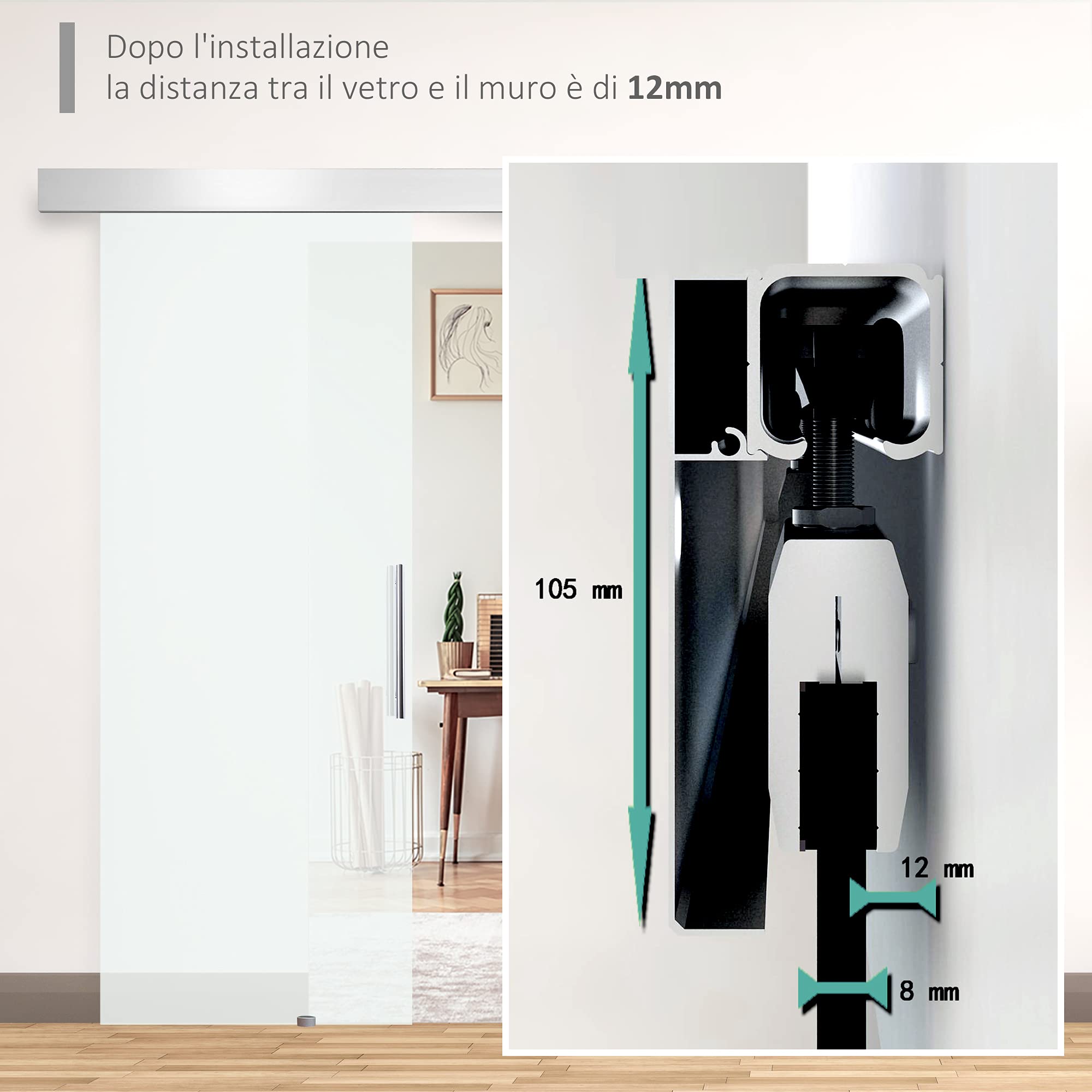 HOMCOM Porta Scorrevole in Vetro Trasparente con Binario e Maniglia in Alluminio per Bagno Cucina Studio 210x75x0.8cm
