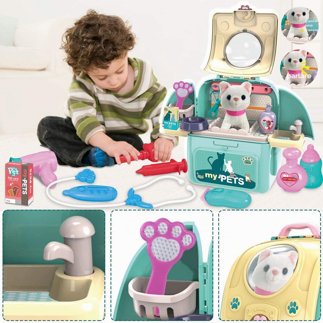 Gifts2U Giocattoli veterinari per bambini, set di giochi di ruolo per medici, educare la ragazza prendersi cura dell'animale domestico, gatto può cantare zaino giocattoli per bambini di 3 4 5 6 anni