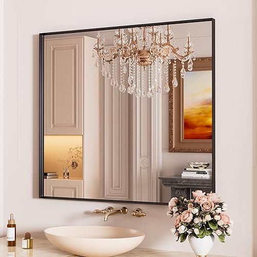 Miniatura 42 de Espejo de baño LED de 20x28 pulgadas con marco negro, espejos de baño retroiluminados y con luz frontal para pared, antiempañamiento, regulable, con