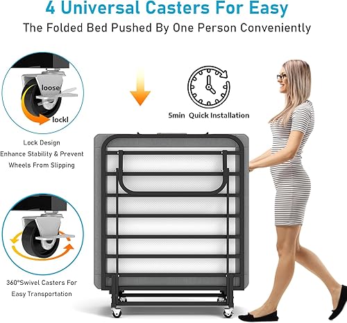 Miniatura 3 de SADENICEL Cama plegable con colchón para adultos, cama plegable portátil con ruedas, colchón de espuma viscoelástica y marco de metal, plegable que