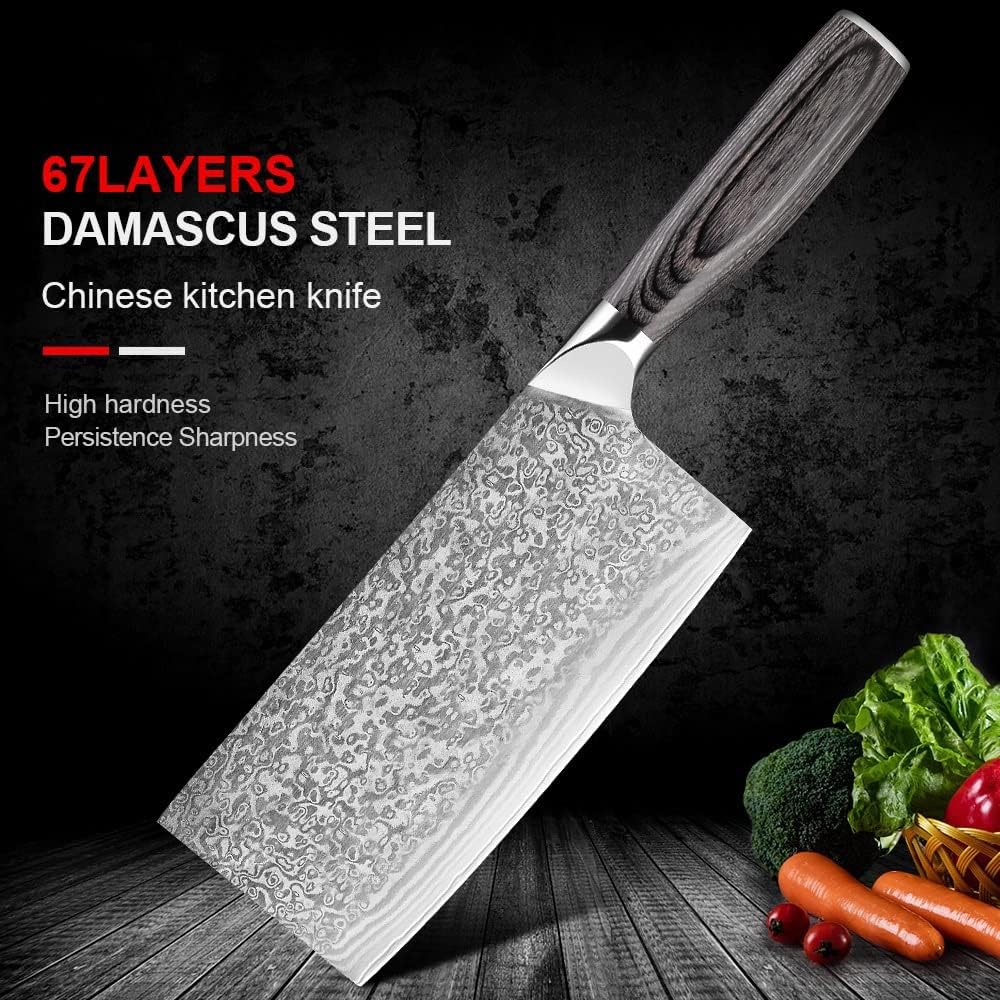 Meat Cleaver,Cleaver Knife 7 Inch Chinese Cleaver Knife Damascus Butcher Knives Kitchen Chef Knife Vegetable Meat Cleaver Knife Cooking Knives Wooden Handle