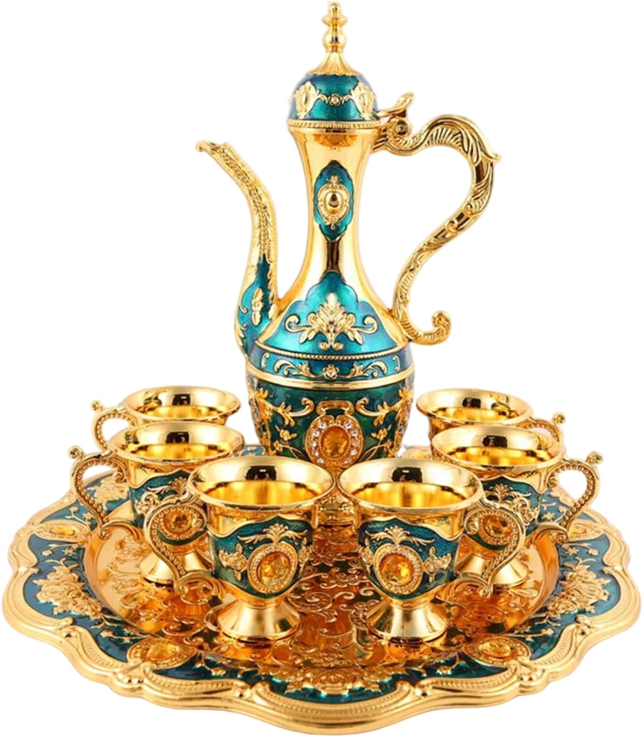 Turkish Tea Set, Vintage Exquisite Golden Turkish Coffee Cup Set with Tray and 6 Cups, Metal Luxury Moroccan Tea Glasses for Home Party Decorations