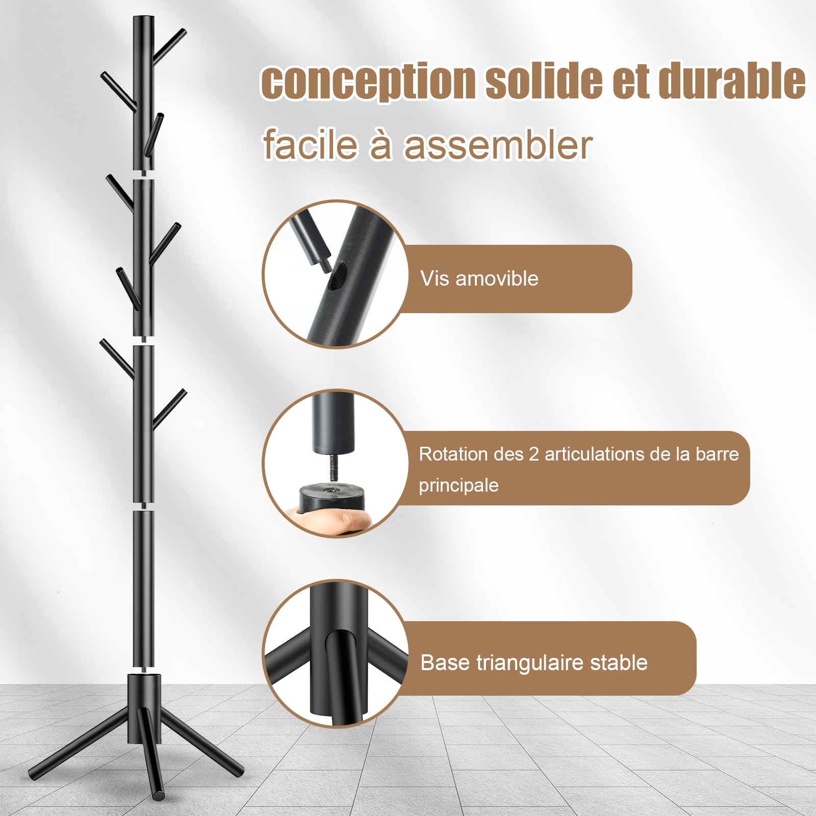 Kasunpul Porte-manteau en bois avec 8 crochets, 3 tailles réglables Porte-manteau en arbre pour la chambre, le couloir, le bureau, les vêtements, les chapeaux