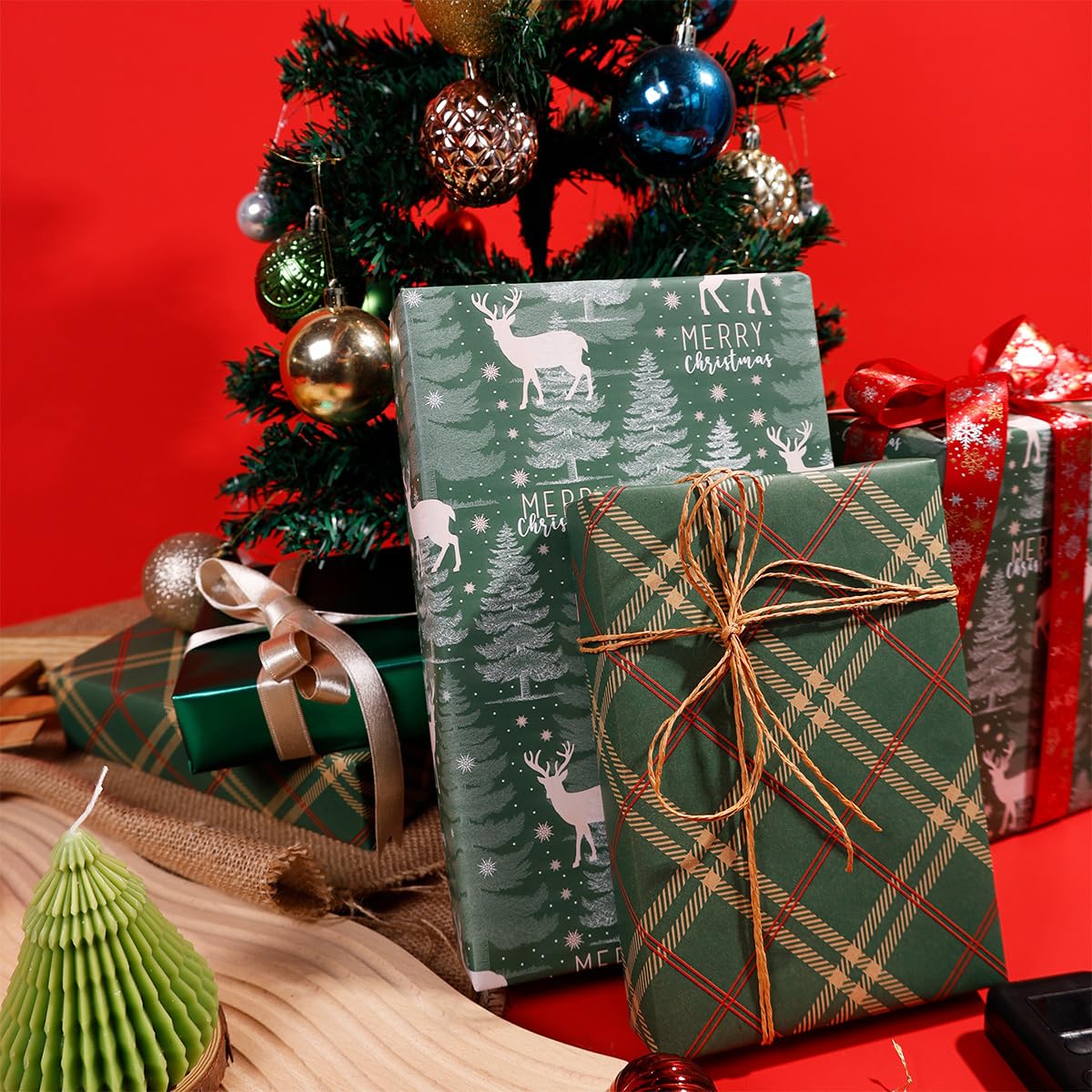 3 Rouleaux De Papier Cadeau De Noël Vert - 43 Cm X 3 M Chacun - Motifs Traditionnels - Recyclable