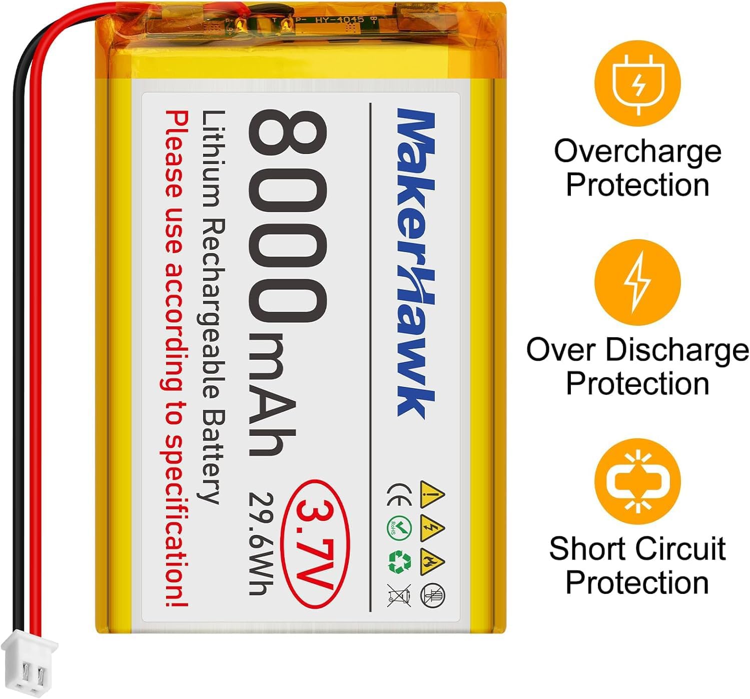 MakerHawk 3.7V LiPo Battery 8000mAh 126090 Rechargeable 1S Polymer Battery with Protection Board Insulated Rubber Tape, JST2.54 Connector for Raspberry Pi Arduino ESP32 Development Board (2 Pack)