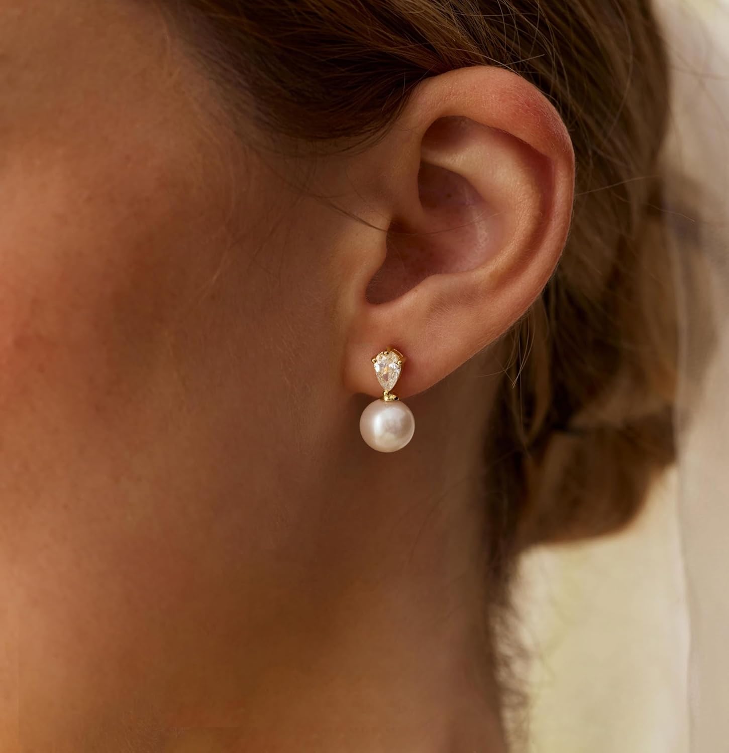 Pearl Earrings for Women Trendy,Gold Pearl Drop Earring Dainty 14K Gold Plated CZ Drop Stud Earrings for Women Unique Hypoallergenic Bridal Flower Dangle Earring Bridesmaid Wedding Jewelry - Image 2