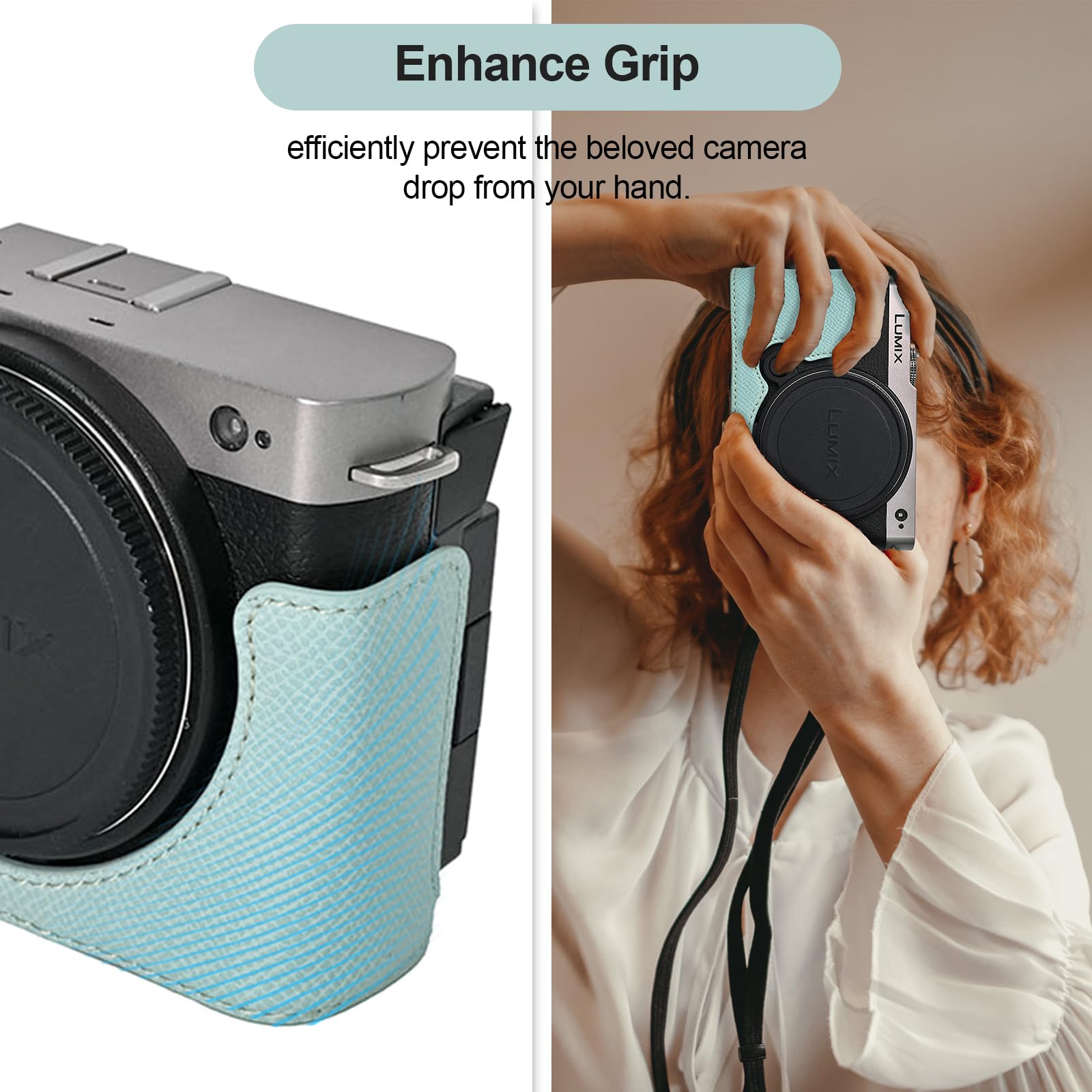 VOVMOEYA Protective Camera Case for Panasonic LUMIX S9,LUMIX DC-S9 Half Case with Soft Microfiber Inner LUMIX S9 Mirrorless Camera Cover Function Well 1/4"-20 Thread Hole Retro PU Texture-Light Blue - Image 4