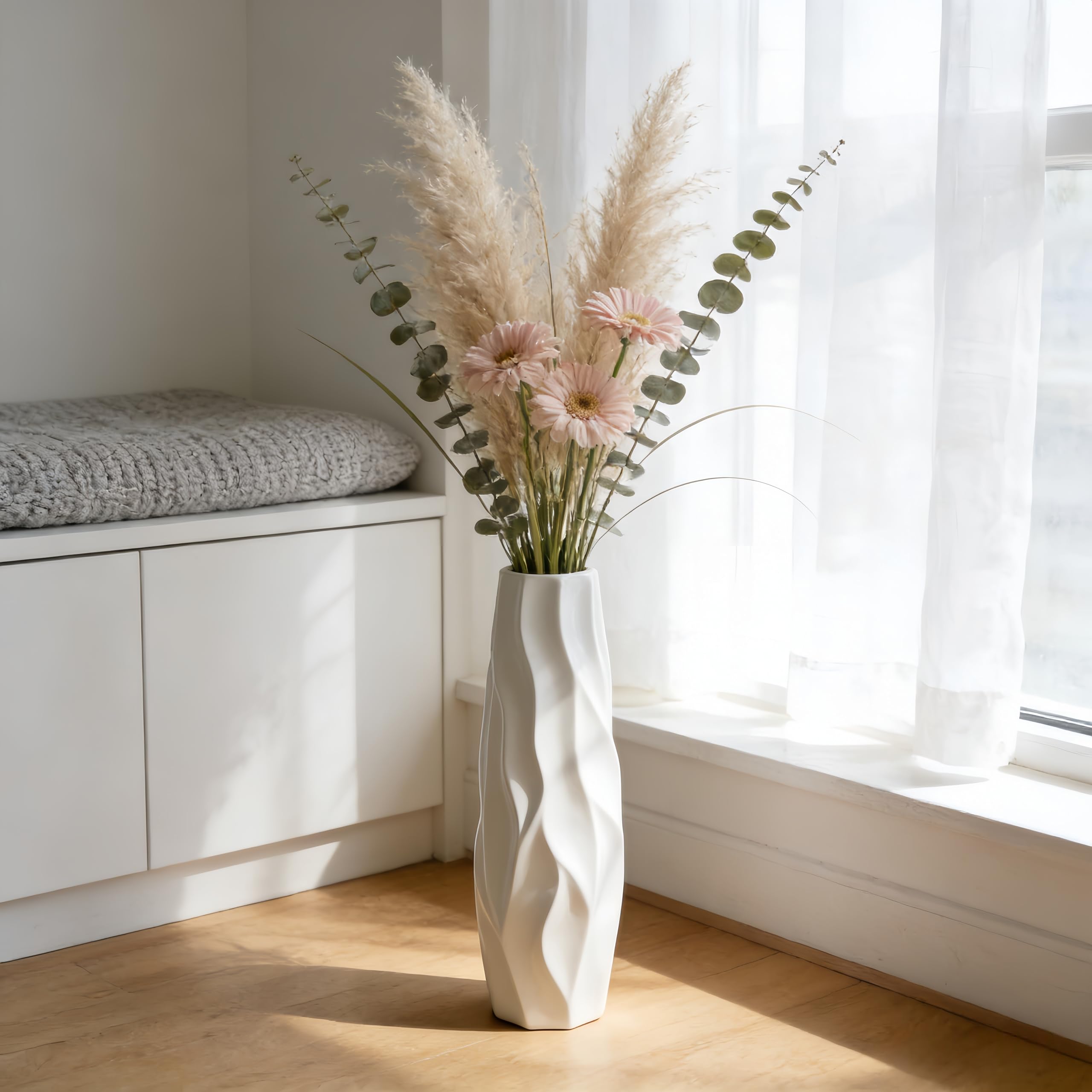Weiße Bodenvase aus Keramik, 45 cm Groß, Minimalistische Dekovase für Blumen, Pampasgras, Für Wohnzimmer, Büro und Schlafzimmer