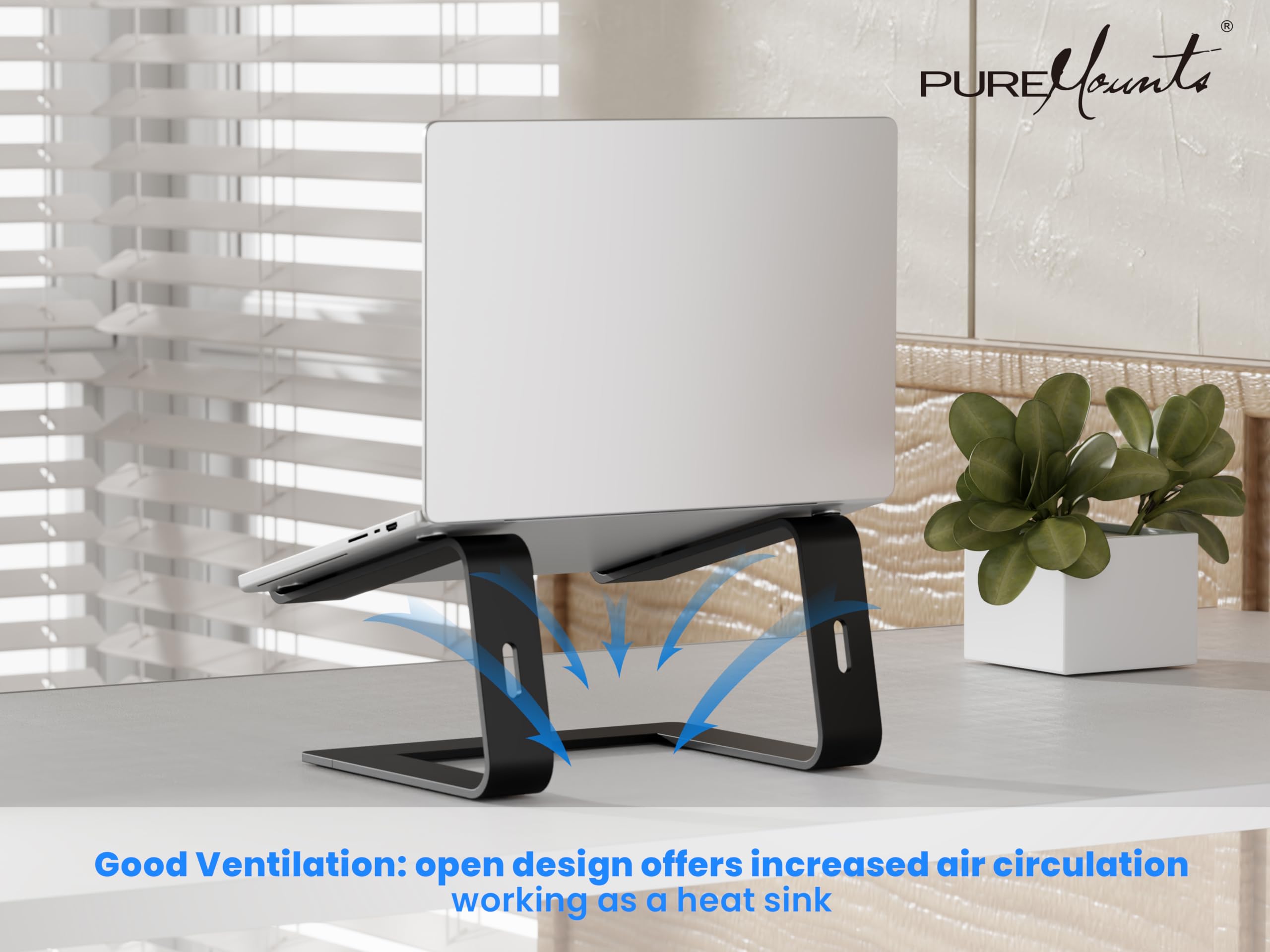 PureMounts Soporte Ultra Delgado, Soporte Ergonómico de Aluminio para Portátil con Ventilación y Almohadillas Antideslizantes, Ahorra Espacio en la Oficina, Negro