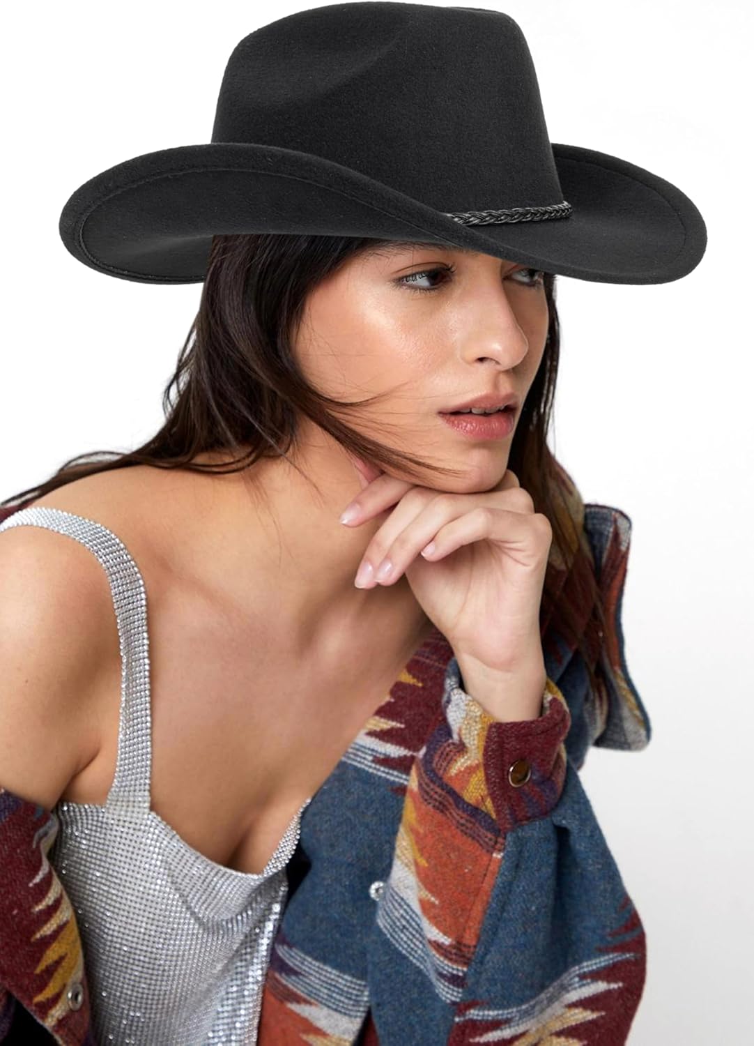 Women Men Classic Felt Wide Brim Western Cowboy Cowgirl Hat Rodeo Hat with Belt - Image 5
