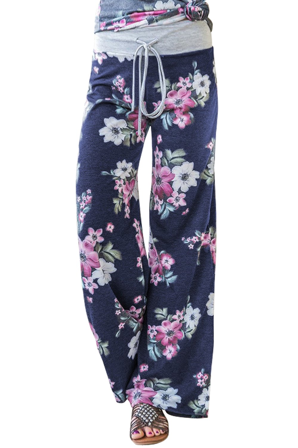 AMiERY Women's Comfy Casual Pajama Pants Floral Print Drawstring Palazzo Lounge Pants Wide Leg