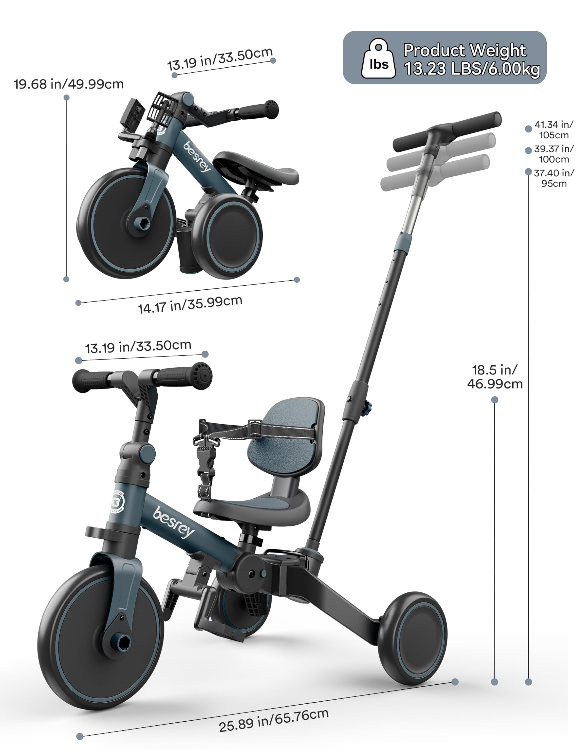 besrey Bicicleta para niños pequeños con manija de Control Parental para niñas y niños de 1 a 3 años, Triciclo para niños, Triciclo para niños pequeños con Pedal extraíble, Asiento Ajustable