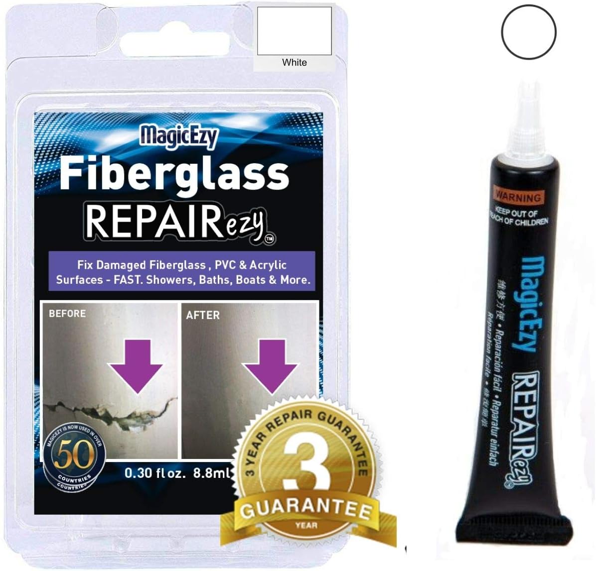 MagicEzy Fibreglass RepairEzy (White) - Fibreglass Repair Kit in a Tube - Boat, Pool, Tub, Surfboard - Fiberglass and Acrylic Shower, Bath, Hot Tub, Canoe, Jet Ski, Boat