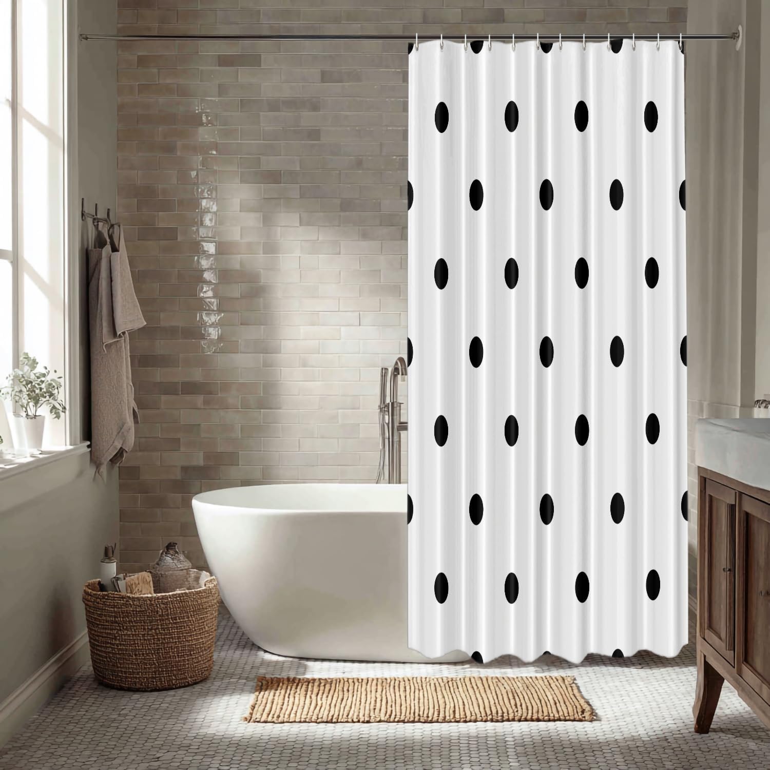 Black Polka Dot Decor Shower Curtain Set,Black Polka Dot On White Polyester Shower Curtain for Shower Stall Bathroom Waterproof with 12 Hooks 72x72 Inch