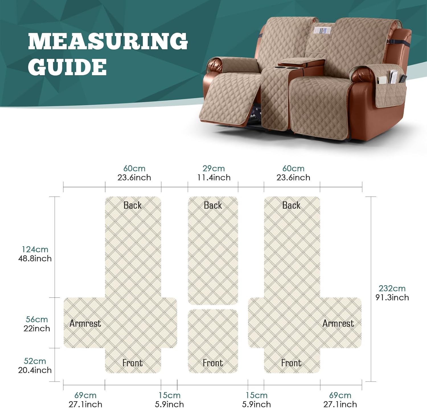 Ruaozz Waterproof Loveseat Recliner Cover with Console Non-Slip Reclining Couch Covers Split Sofa Slipcovers with Elastic Straps Furniture Protector for Kids, Dogs, Pets (Light Brown, 2 Seater)