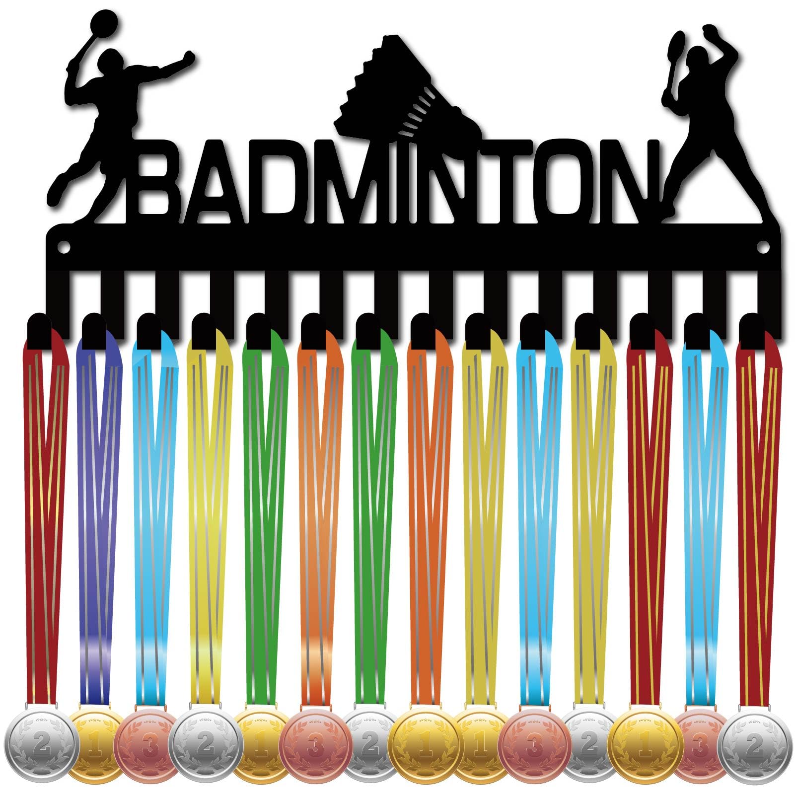 CREATCABIN Badminton Medal Holder Hanger Medals Display Rack Black Metal Iron Small Shelf Plaques Hangers Organizer Medal Frame Wall Mounted with 14