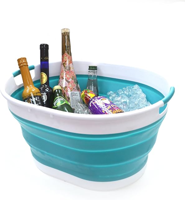 SAMMART 25L Collapsible Oval Laundry Basket/Tub - Foldable Storage Container - Portable Washing Bin - Space Saving Hamper (Bright Blue)