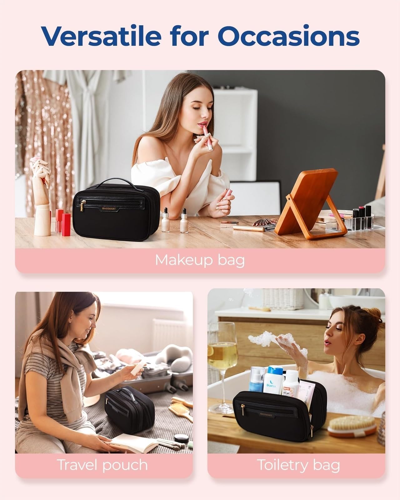 Porta Trucchi Pochette Trucchi Borsa for cosmetici da viaggio Borsa portatile con ampia apertura for gli oggetti essenziali da viaggio delle donne Trousse Trucchi Donna(Black)