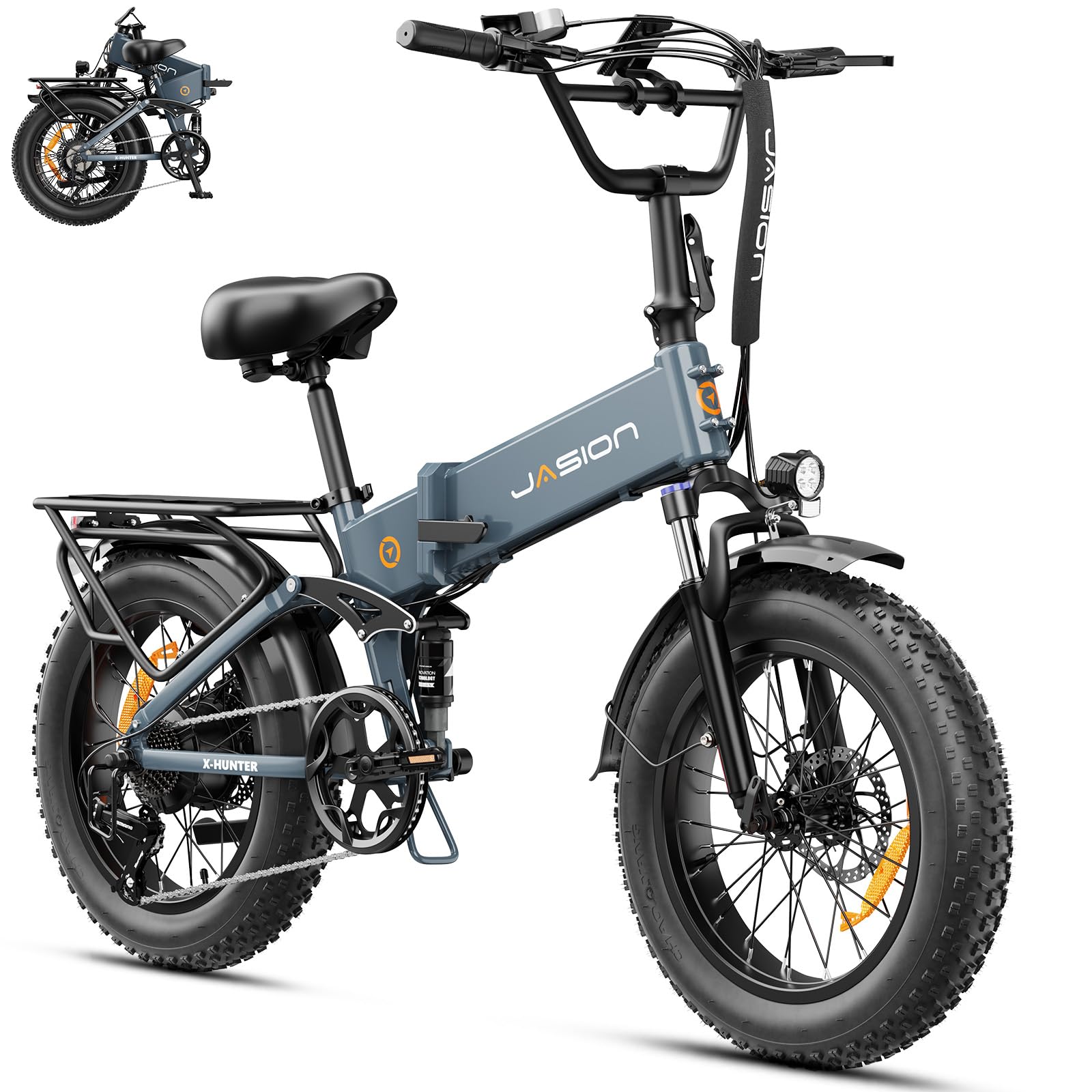 Jasion X-Hunter Electric Bike for Adults,1400W Peak Motor 30MPH Max Speed,48V 13AH Removable Battery, Full Suspension System Design,20''*4.0 Fat Tire Foldable Ebike 7-Speed Bicycles