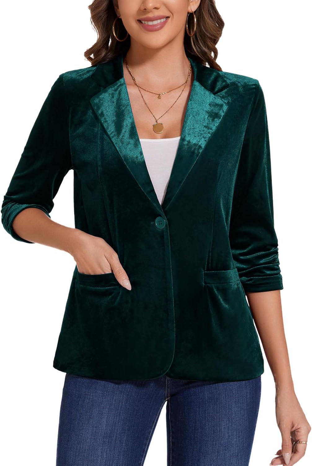 MINTLIMIT Women's Velvet Blazer Ruched 3/4 Sleeve Jacket Notch Lapel Button Open Front Casual Blazers with Pockets - Image 2