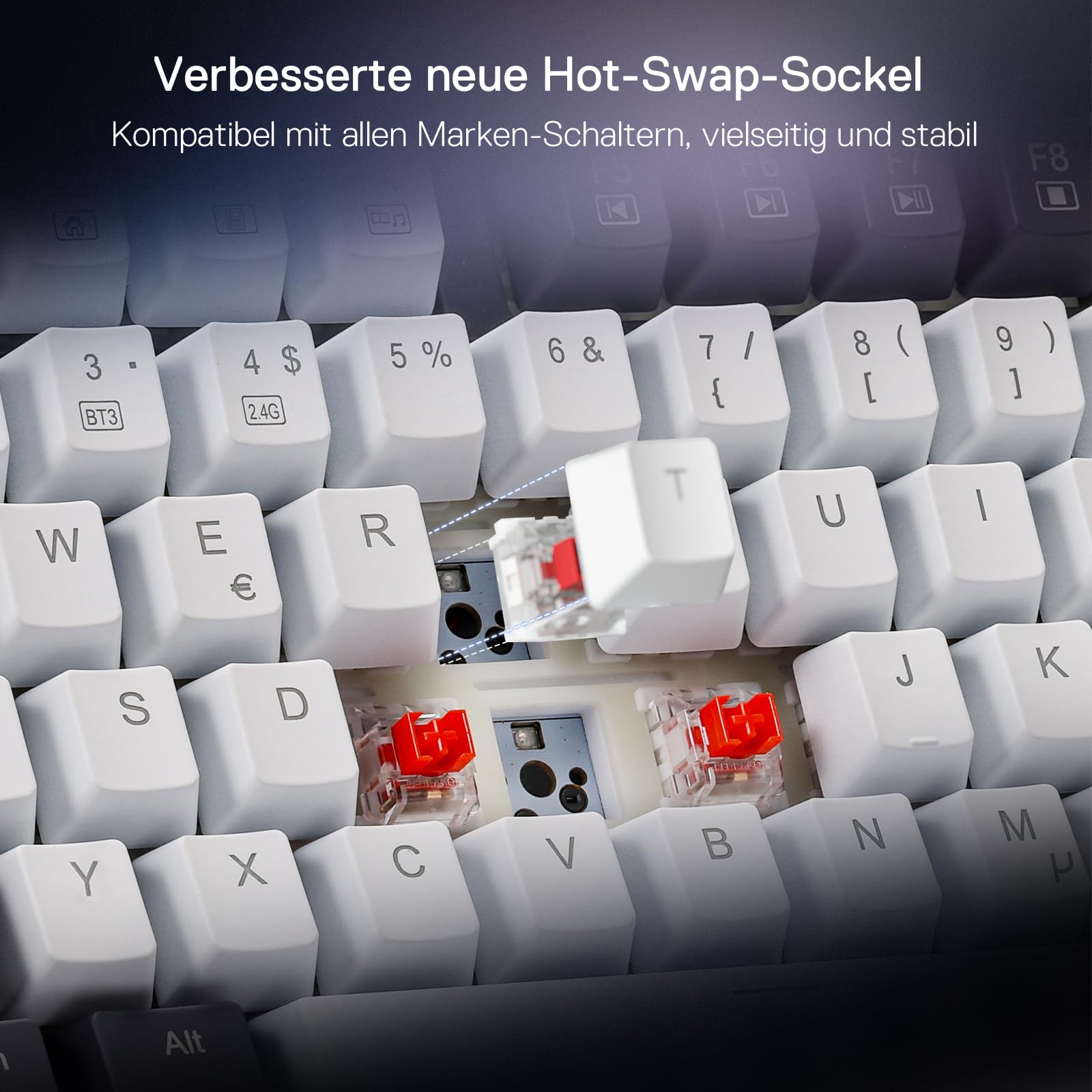Redragon K673 PRO Kabellose QWERTZ DE Gaming-Tastatur, Gasket Struktur 75% kompaktes Design 82 Tasten Hot-Swap-Rote Schalter Mechanische Tastatur mit Knopf RGB-Beleuchtung, 2.4G/BT/Type-C Verbindungen