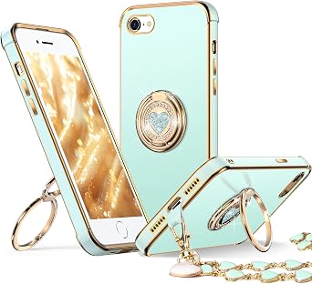 XYZ for iPhone SE 2022 [3rd Gen], SE 2020 [2nd Gen], iPhone 8 Case, iPhone 7 Phone Case with Double Ring Kickstand, Women Girl Cute Love-Heart Luxury Bling Protective Case for iPhone 7/8/SE, Green