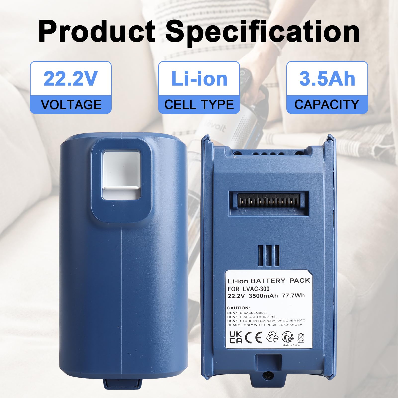 Batteria di ricambio MXJFYY per aspirapolvere senza fili Levoit LVAC-300, batteria agli ioni di litio da 3000 mAh 21,6 V per Levoit LVAC 300, autonomia fino a 60 minuti, facile installazione.