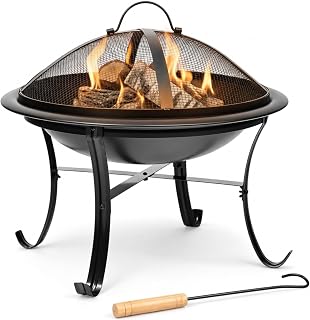 Gas One 22 in Outdoor– Wood Burning Fire Pit with Mesh Lid and Fire Picker – Durable Alloy Steel Fire Pits for Outside – Small Fire Pit for Backyard, Porch, Dec