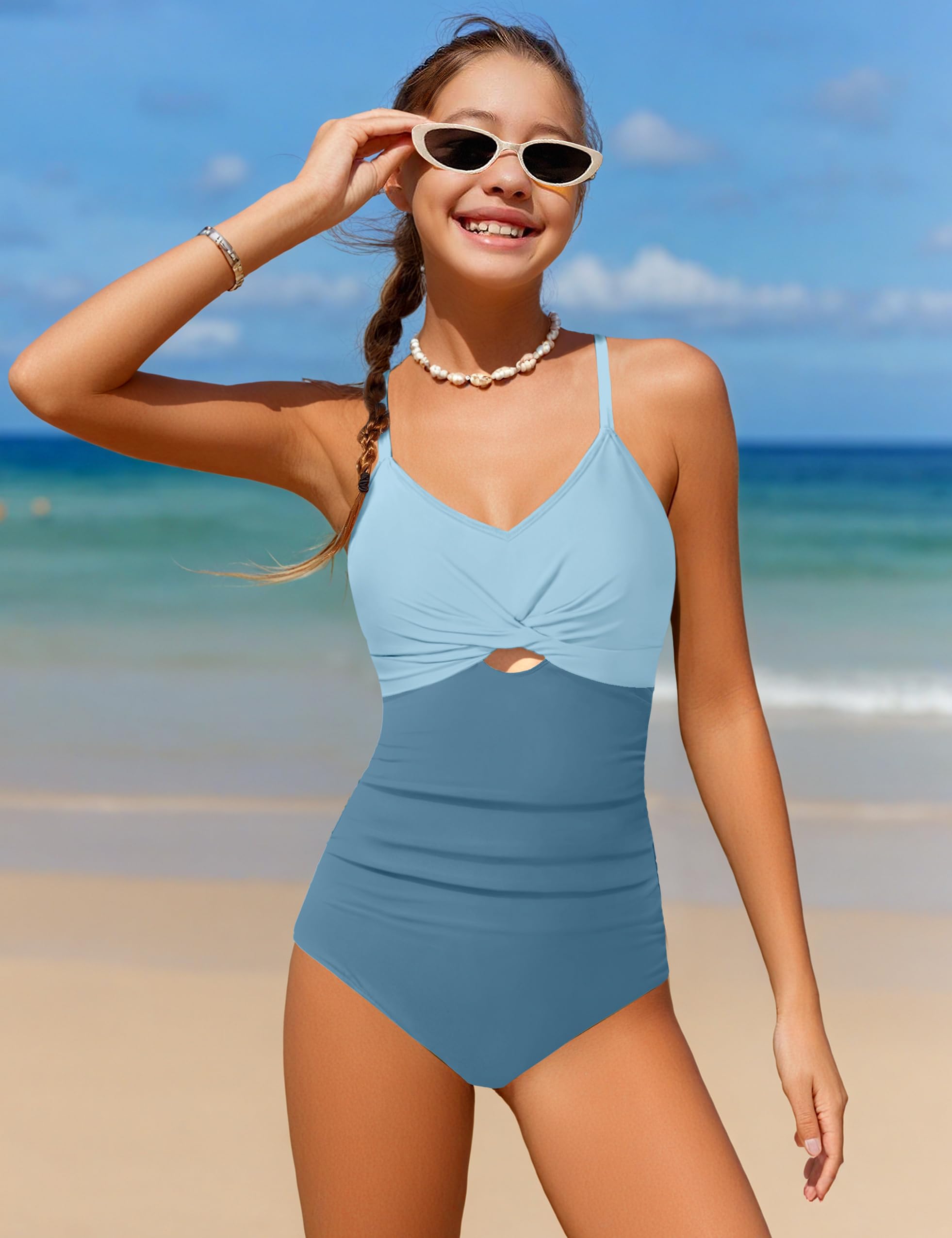 WIQI Girls Swimsuits Bathing Suits One Piece Swimsuit for Girls Twist Front Cutout Adjustable Straps Ruched Teen Swimwear Size 12-14 Light Blue