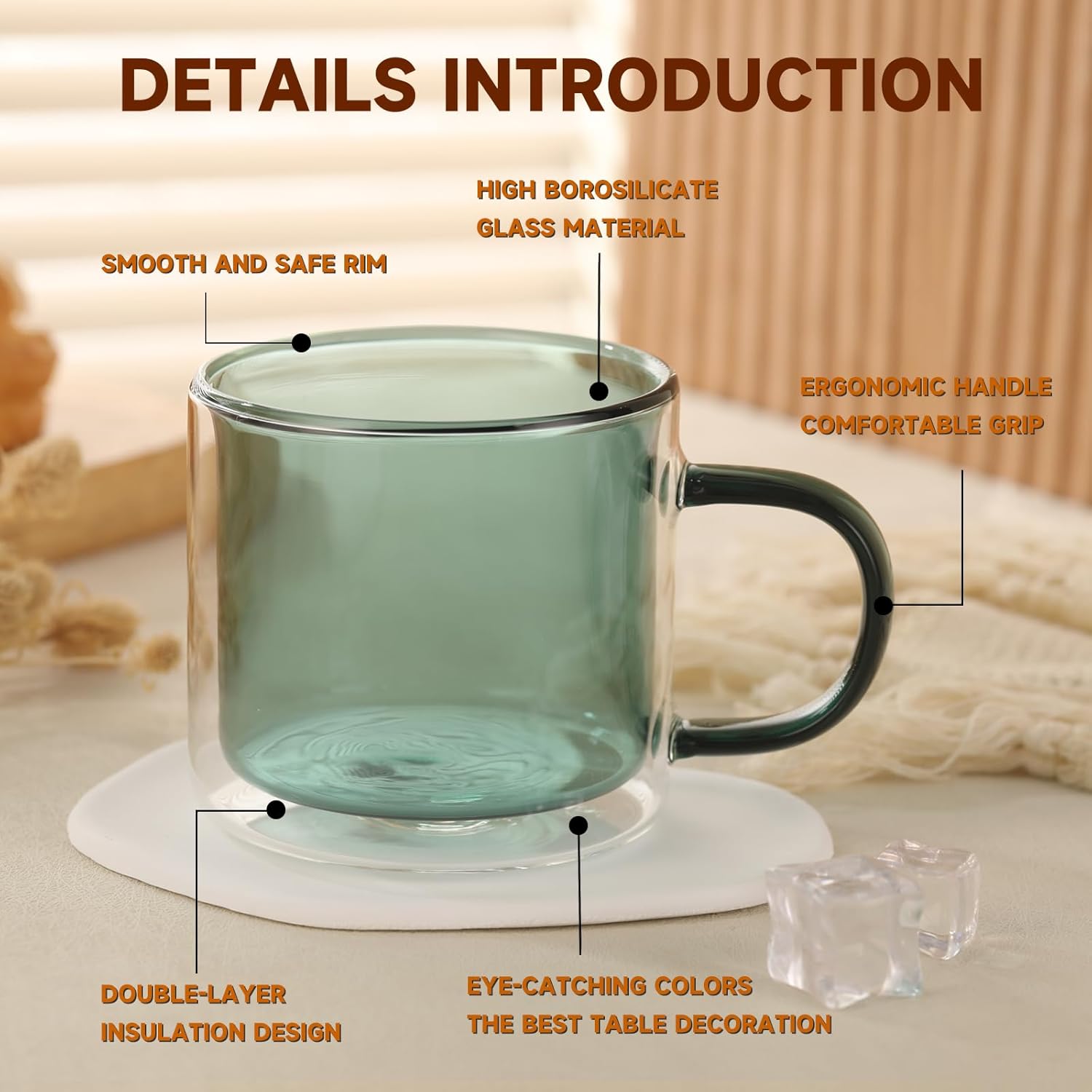 Double Wall Insulated Glass Tea Cups Set of 4, Clear Borosilicate Espresso Shot Cups for Espresso Machine, Glass Teacups Coffee Mugs with Handle for Cappuccino Latte, Green, 10OZ/280ML - Image 6